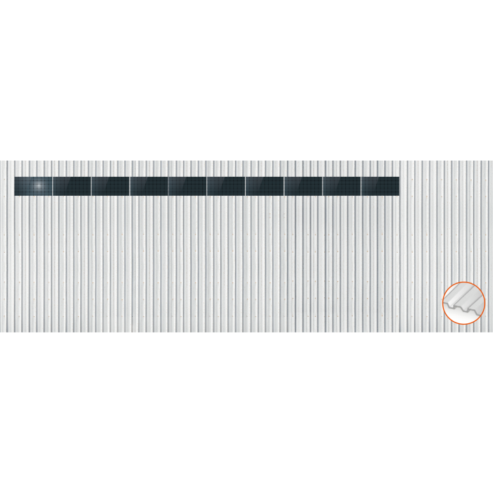 ClickFit EVO Staaldak trapezium-damwand met montageprofielen t.b.v. optimizers 1x10 landscape 1 rij van 10 panelen ClickFit EVO Staaldak trapezium-damwand met montageprofielen t.b.v. optimizers 1x10 landscape 1 rij van 10 panelen