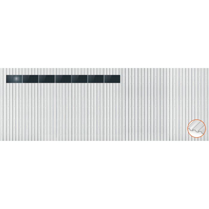 ClickFit EVO Staaldak golfplaat met montageprofielen 1x7 landscape. 1 rij van 7 panelen ClickFit EVO Staaldak golfplaat met montageprofielen 1x7 landscape. 1 rij van 7 panelen
