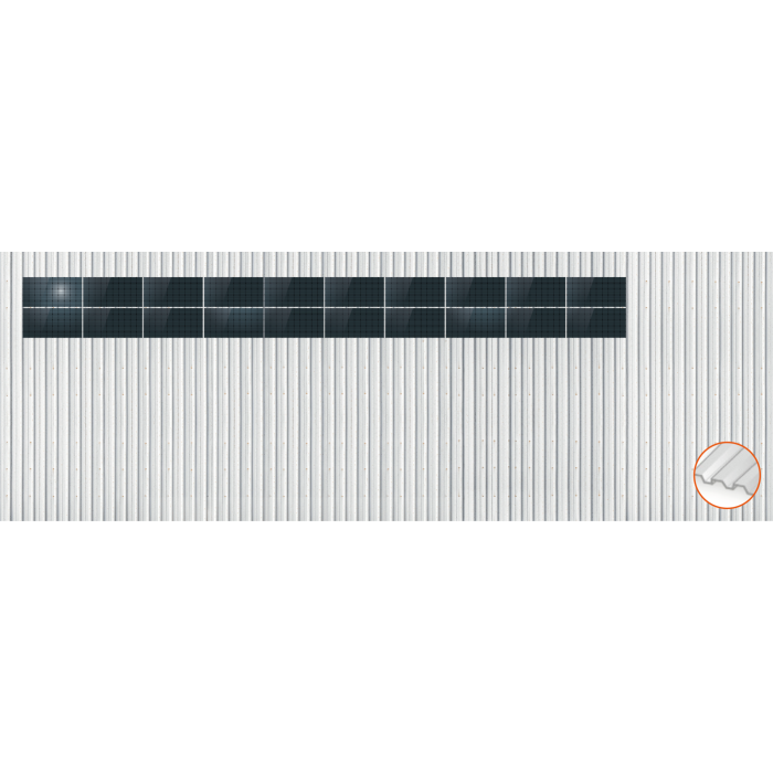 ClickFit EVO Staaldak golfplaat met montageprofielen 2x10 landscape. 2 rijen van 10 panelen ClickFit EVO Staaldak golfplaat met montageprofielen 2x10 landscape. 2 rijen van 10 panelen