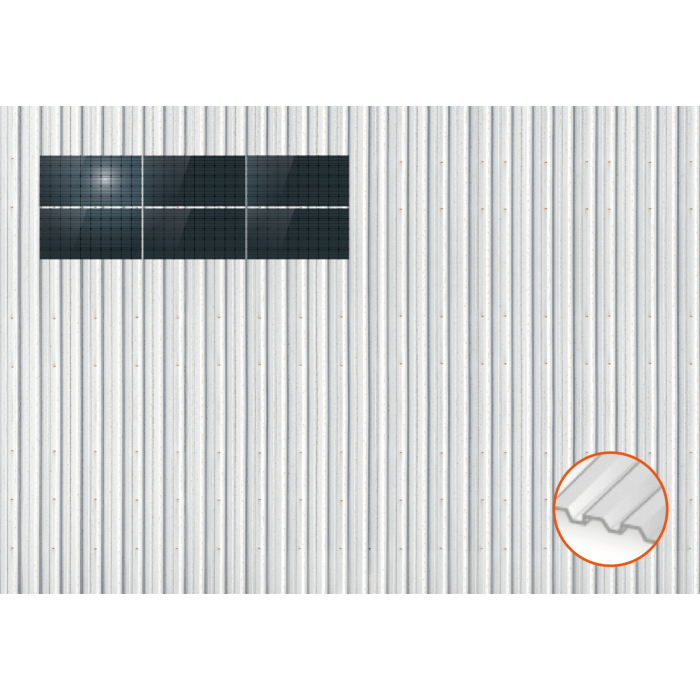 ClickFit EVO Staaldak trapezium-damwand met montageprofielen t.b.v. optimizers 2x3 landscape 2 rijen van 3 panelen