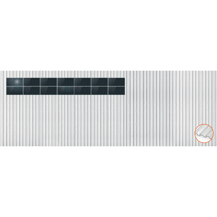 ClickFit EVO Staaldak trapezium-damwand met montageprofielen t.b.v. optimizers 2x7 landscape 2 rijen van 7 panelen ClickFit EVO Staaldak trapezium-damwand met montageprofielen t.b.v. optimizers 2x7 landscape 2 rijen van 7 panelen