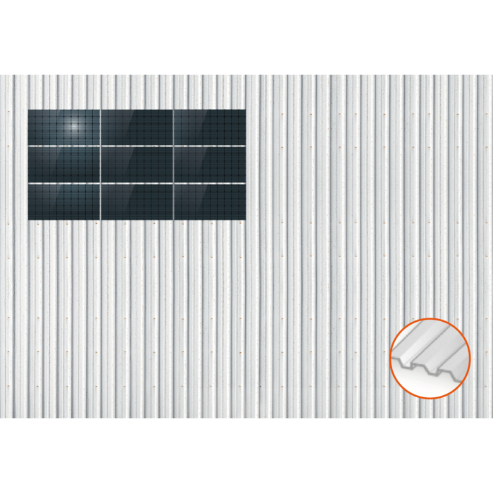 ClickFit EVO Staaldak golfplaat met montageprofielen 3x3 landscape. 3 rijen van 3 panelen