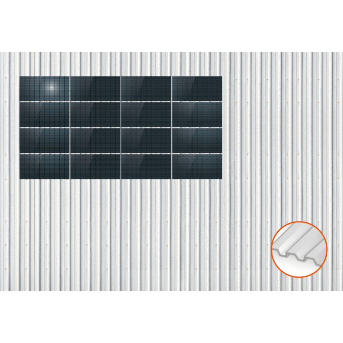 ClickFit EVO Staaldak trapezium-damwand met montageprofielen t.b.v. optimizers 4x4 landscape 4 rijen van 4 panelen ClickFit EVO Staaldak trapezium-damwand met montageprofielen t.b.v. optimizers 4x4 landscape 4 rijen van 4 panelen