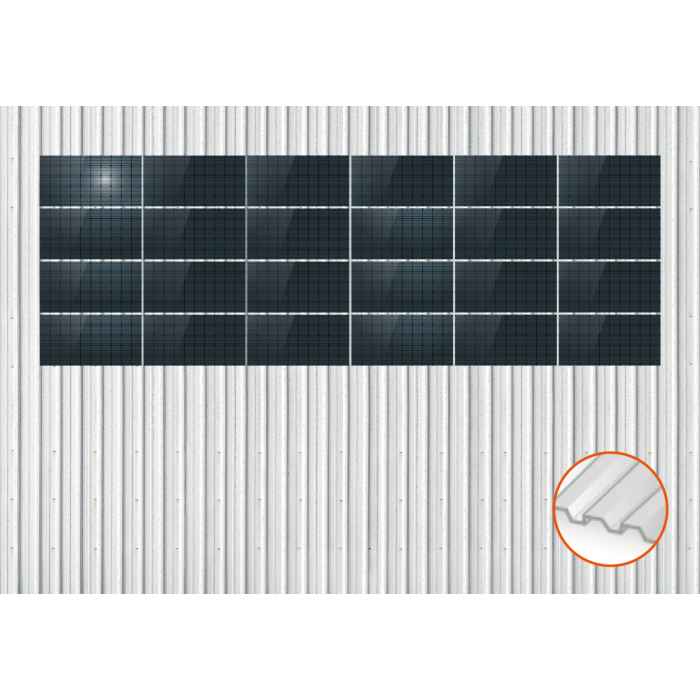 ClickFit EVO Staaldak trapezium-damwand met montageprofielen t.b.v. optimizers 4x6 landscape 4 rijen van 6 panelen