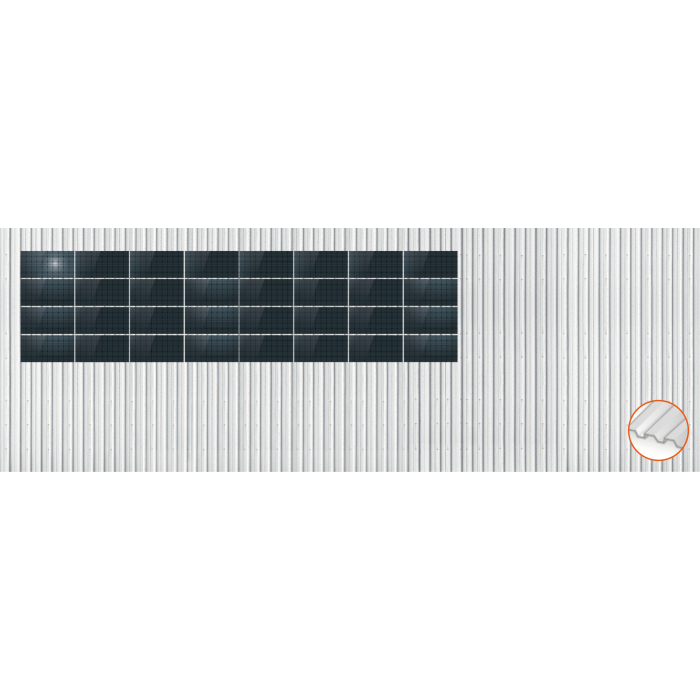 ClickFit EVO Staaldak golfplaat met montageprofielen 4x8 landscape. 4 rijen van 8 panelen