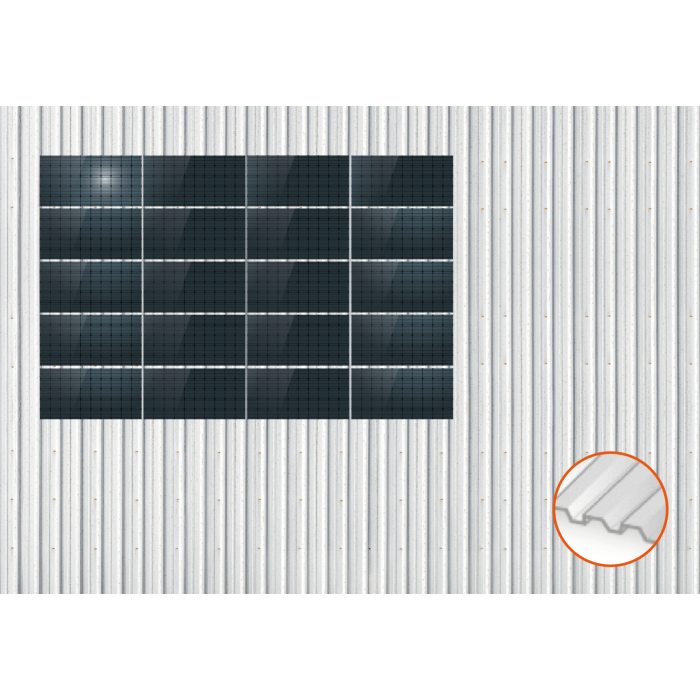 ClickFit EVO Staaldak golfplaat met montageprofielen 5x4 landscape. 5 rijen van 4 panelen ClickFit EVO Staaldak golfplaat met montageprofielen 5x4 landscape. 5 rijen van 4 panelen