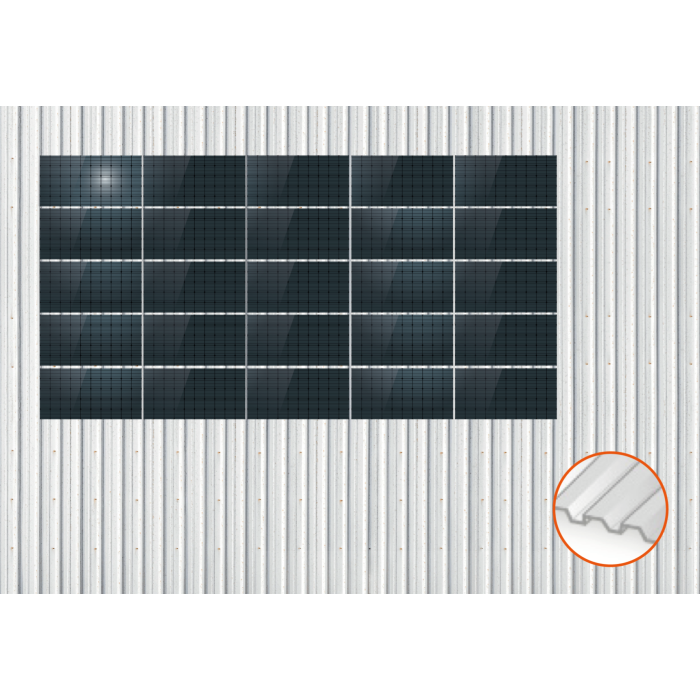 ClickFit EVO Staaldak golfplaat met montageprofielen 5x5 landscape. 5 rijen van 5 panelen