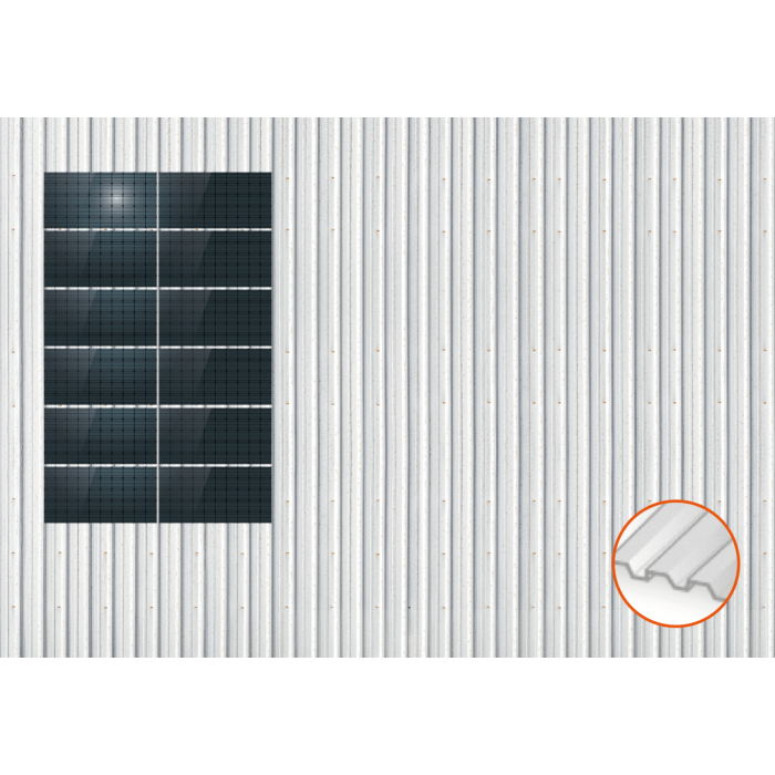 ClickFit EVO Staaldak trapezium-damwand met montageprofielen t.b.v. optimizers 6x2 landscape 6 rijen van 2 panelen ClickFit EVO Staaldak trapezium-damwand met montageprofielen t.b.v. optimizers 6x2 landscape 6 rijen van 2 panelen