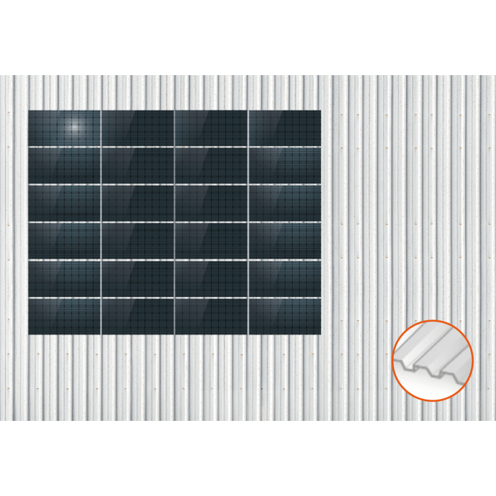 ClickFit EVO Staaldak trapezium-damwand met montageprofielen t.b.v. optimizers 6x4 landscape 6 rijen van 4 panelen