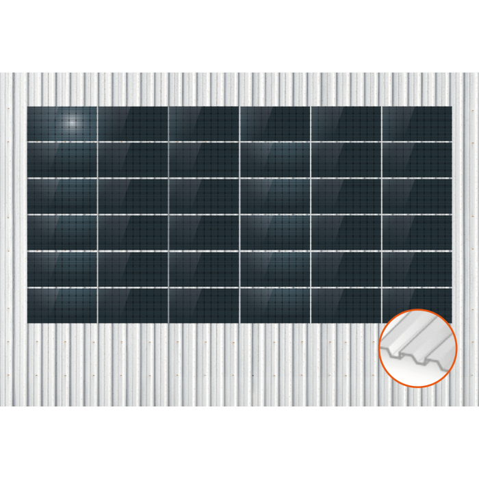 ClickFit EVO Staaldak trapezium-damwand met montageprofielen t.b.v. optimizers 6x6 landscape 6 rijen van 6 panelen