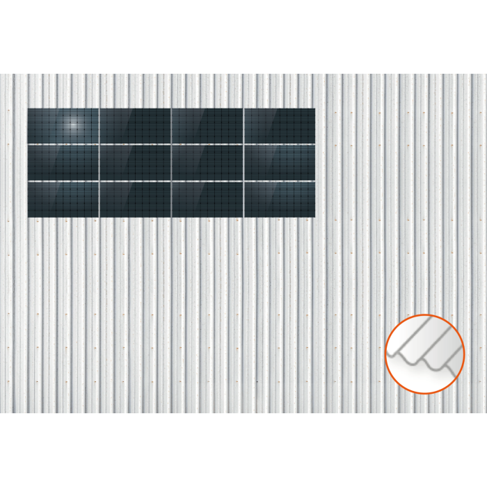 ClickFit EVO Staaldak trapezium-damwand met montageprofielen 3x4 landscape. 3 rijen van 4 panelen ClickFit EVO Staaldak trapezium-damwand met montageprofielen 3x4 landscape. 3 rijen van 4 panelen
