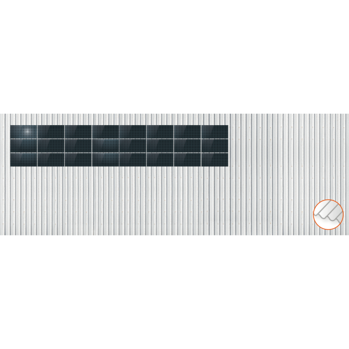 ClickFit EVO Staaldak trapezium-damwand met montageprofielen 3x8 landscape. 3 rijen van 8 panelen ClickFit EVO Staaldak trapezium-damwand met montageprofielen 3x8 landscape. 3 rijen van 8 panelen