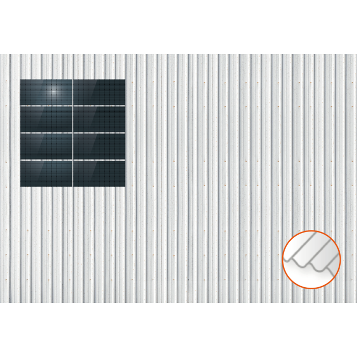 ClickFit EVO Staaldak trapezium-damwand met montageprofielen 4x2 landscape. 4 rijen van 2 panelen ClickFit EVO Staaldak trapezium-damwand met montageprofielen 4x2 landscape. 4 rijen van 2 panelen