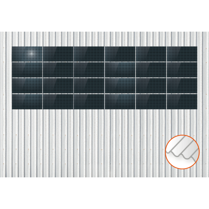 ClickFit EVO Staaldak trapezium-damwand met montageprofielen 4x6 landscape. 4 rijen van 6 panelen ClickFit EVO Staaldak trapezium-damwand met montageprofielen 4x6 landscape. 4 rijen van 6 panelen