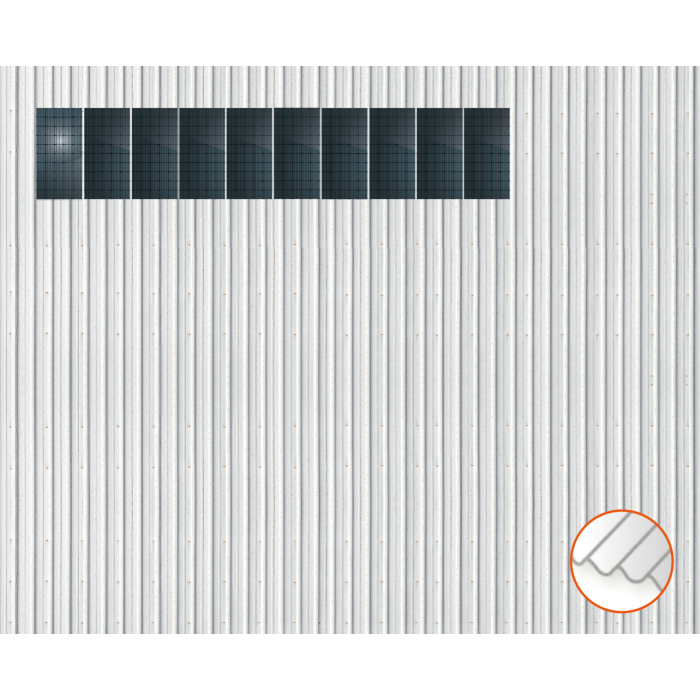 ClickFit EVO Staaldak trapezium-damwand met montageprofielen 1x10 portrait. 1 rij van 10 panelen ClickFit EVO Staaldak trapezium-damwand met montageprofielen 1x10 portrait. 1 rij van 10 panelen