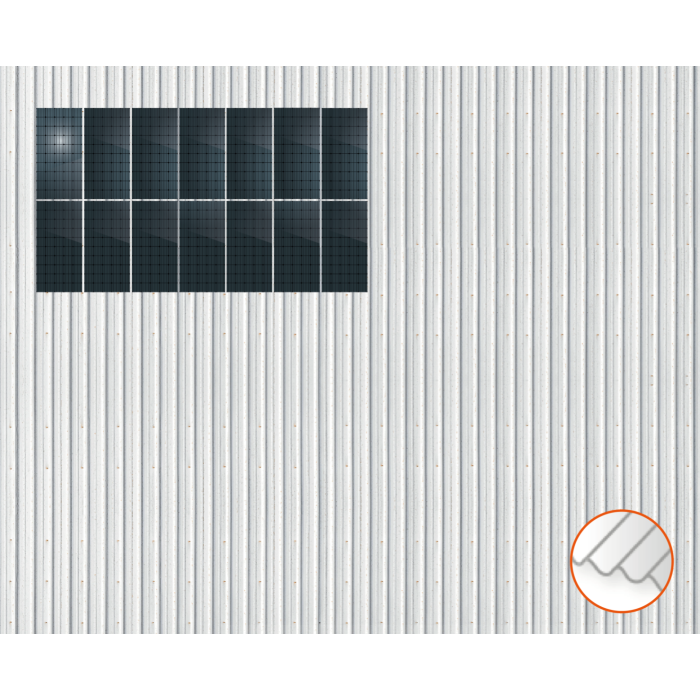 ClickFit EVO Staaldak trapezium-damwand met montageprofielen 2x7 portrait. 2 rijen van 7 panelen ClickFit EVO Staaldak trapezium-damwand met montageprofielen 2x7 portrait. 2 rijen van 7 panelen