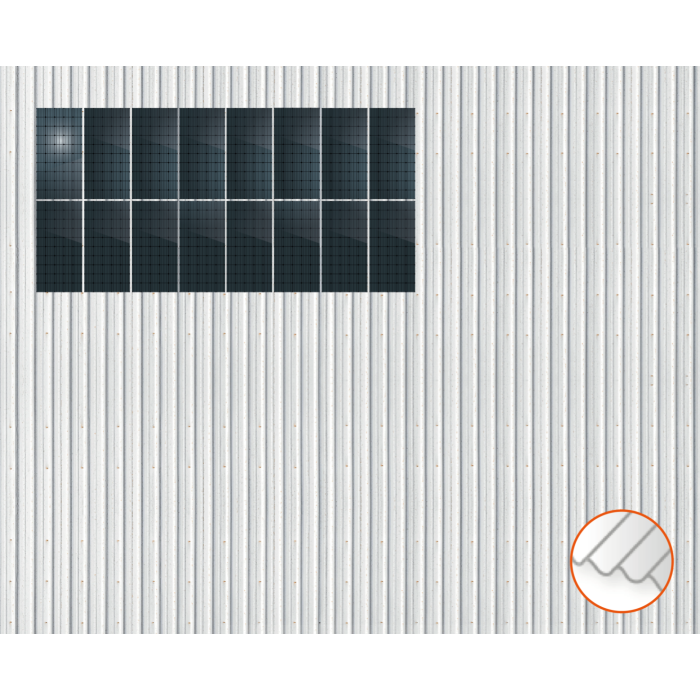 ClickFit EVO Staaldak trapezium-damwand met montageprofielen 2x8 portrait. 2 rijen van 8 panelen ClickFit EVO Staaldak trapezium-damwand met montageprofielen 2x8 portrait. 2 rijen van 8 panelen
