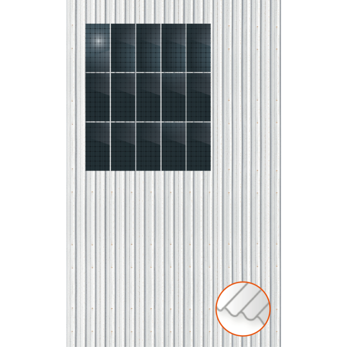 ClickFit EVO Staaldak trapezium-damwand met montageprofielen 3x5 portrait. 3 rijen van 5 panelen ClickFit EVO Staaldak trapezium-damwand met montageprofielen 3x5 portrait. 3 rijen van 5 panelen