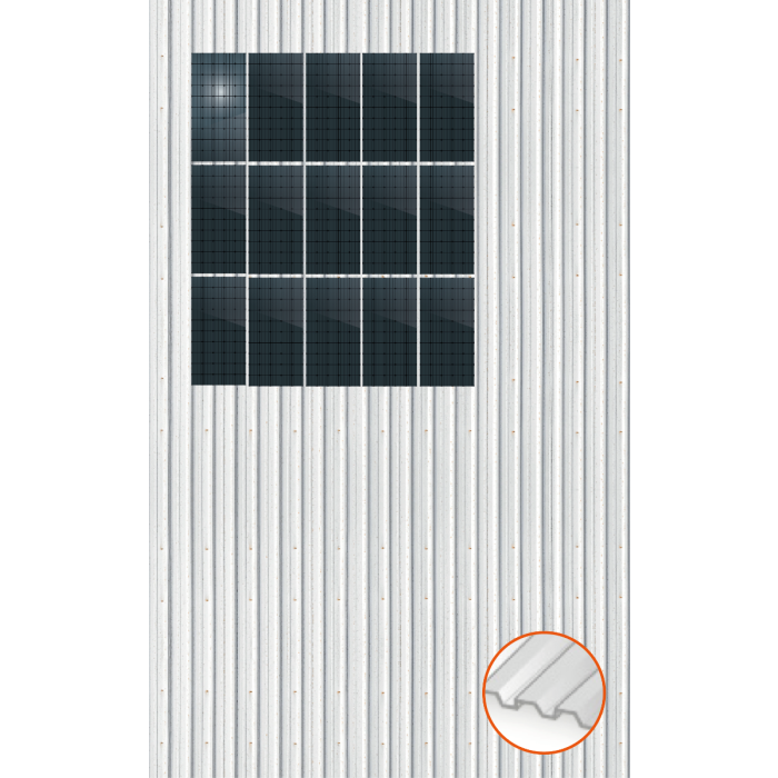 ClickFit EVO Staaldak trapezium-damwand met montageprofielen t.b.v. optimizers 3x5 Portrait 3 rijen van 5 panelen ClickFit EVO Staaldak trapezium-damwand met montageprofielen t.b.v. optimizers 3x5 Portrait 3 rijen van 5 panelen