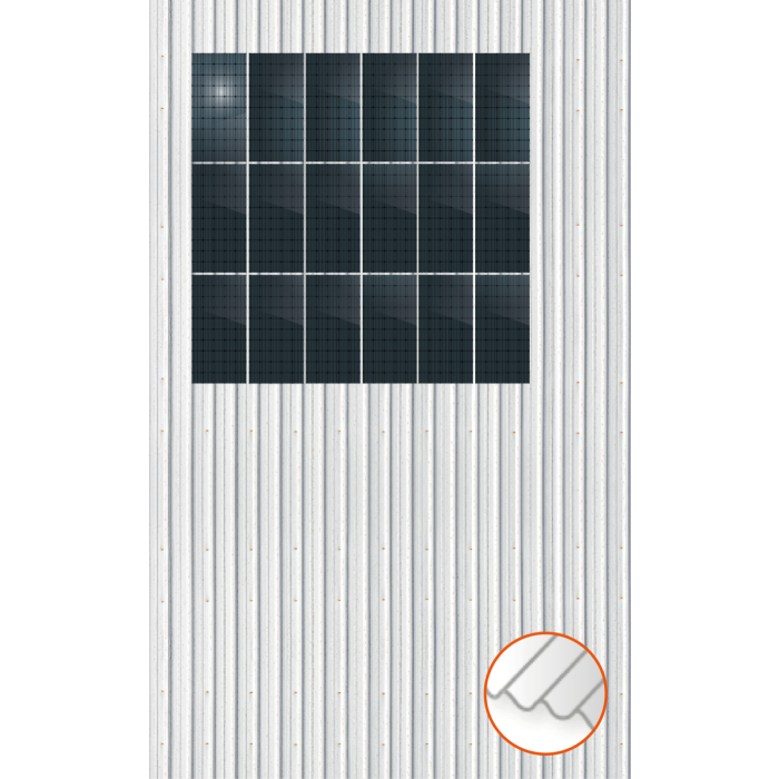 ClickFit EVO Staaldak trapezium-damwand met montageprofielen 3x6 portrait. 3 rijen van 6 panelen