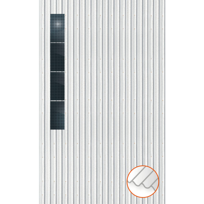ClickFit EVO Staaldak trapezium-damwand met montageprofielen 4x1 portrait. 4 rijen van 1 paneel ClickFit EVO Staaldak trapezium-damwand met montageprofielen 4x1 portrait. 4 rijen van 1 paneel