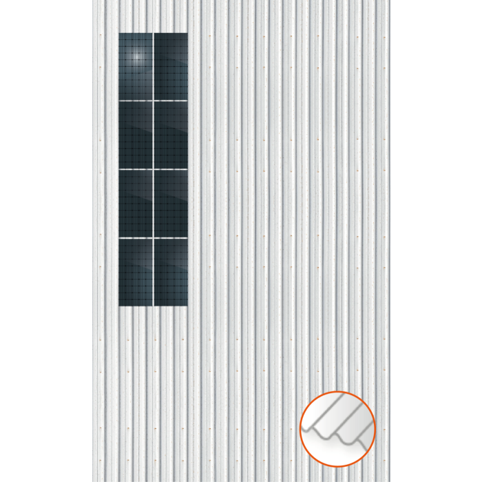 ClickFit EVO Staaldak trapezium-damwand met montageprofielen 4x2 portrait. 4 rijen van 2 panelen ClickFit EVO Staaldak trapezium-damwand met montageprofielen 4x2 portrait. 4 rijen van 2 panelen