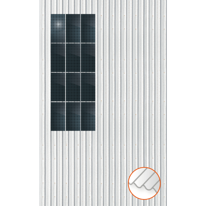 ClickFit EVO Staaldak trapezium-damwand met montageprofielen 4x3 portrait. 4 rijen van 3 panelen ClickFit EVO Staaldak trapezium-damwand met montageprofielen 4x3 portrait. 4 rijen van 3 panelen