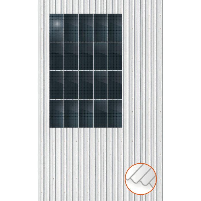 ClickFit EVO Staaldak trapezium-damwand met montageprofielen 4x5 portrait. 4 rijen van 5 panelen ClickFit EVO Staaldak trapezium-damwand met montageprofielen 4x5 portrait. 4 rijen van 5 panelen