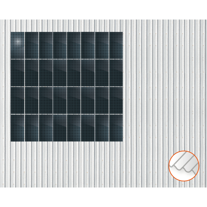 ClickFit EVO Staaldak trapezium-damwand met montageprofielen 4x8 portrait. 4 rijen van 8 panelen ClickFit EVO Staaldak trapezium-damwand met montageprofielen 4x8 portrait. 4 rijen van 8 panelen