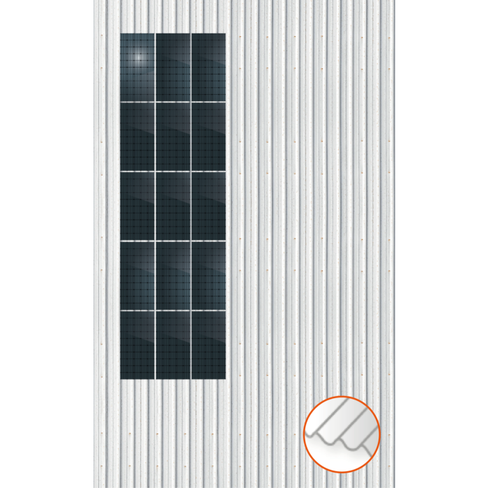 ClickFit EVO Staaldak trapezium-damwand met montageprofielen 5x3 portrait. 5 rijen van 3 panelen ClickFit EVO Staaldak trapezium-damwand met montageprofielen 5x3 portrait. 5 rijen van 3 panelen