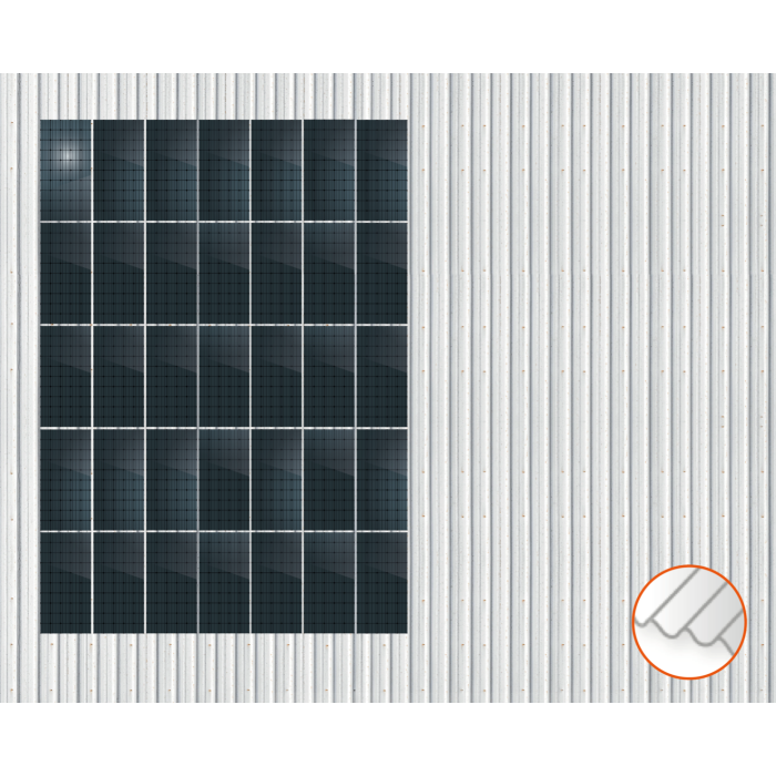 ClickFit EVO Staaldak trapezium-damwand met montageprofielen 5x7 portrait. 5 rijen van 7 panelen ClickFit EVO Staaldak trapezium-damwand met montageprofielen 5x7 portrait. 5 rijen van 7 panelen