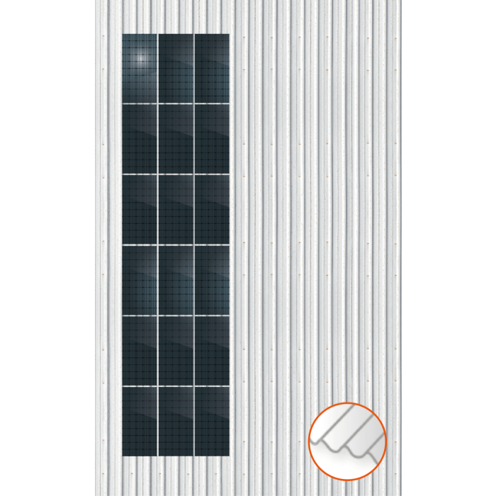 ClickFit EVO Staaldak trapezium-damwand met montageprofielen 6x3 portrait. 6 rijen van 3 panelen ClickFit EVO Staaldak trapezium-damwand met montageprofielen 6x3 portrait. 6 rijen van 3 panelen