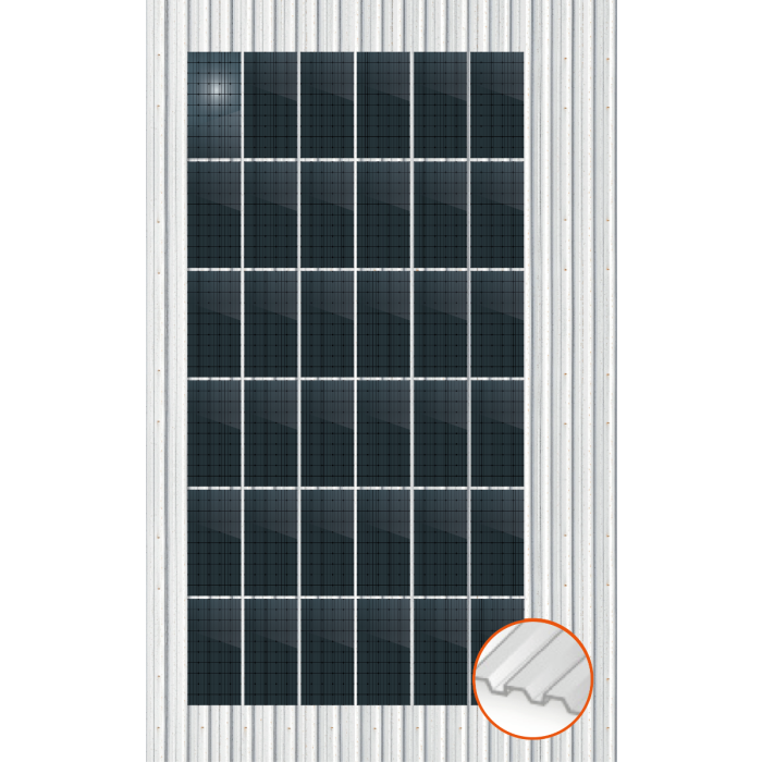 ClickFit EVO Staaldak trapezium-damwand met montageprofielen t.b.v. optimizers 6x6 Portrait 6 rijen van 6 panelen ClickFit EVO Staaldak trapezium-damwand met montageprofielen t.b.v. optimizers 6x6 Portrait 6 rijen van 6 panelen