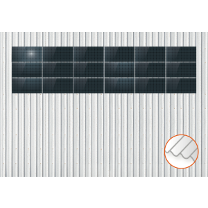 ClickFit EVO Staaldak trapezium-damwand met montageprofielen 3x6 landscape. 3 rijen van 6 panelen