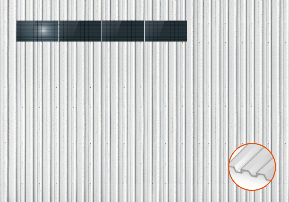 ClickFit EVO Staaldak trapezium-damwand met montageprofielen t.b.v. optimizers 1x4 landscape 1 rij van 4 panelen