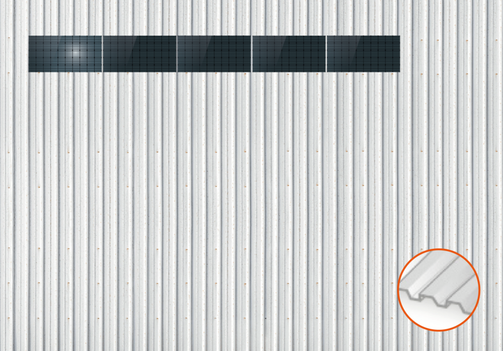 ClickFit EVO Staaldak trapezium-damwand met montageprofielen t.b.v. optimizers 1x5 landscape 1 rij van 5 panelen