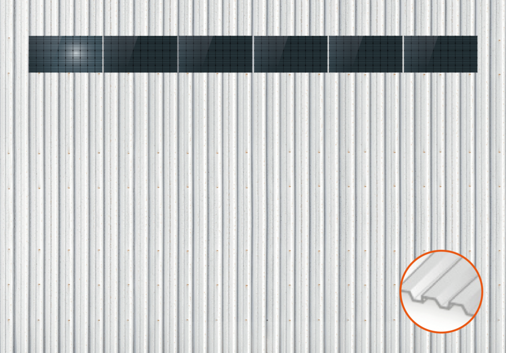 ClickFit EVO Staaldak trapezium-damwand met montageprofielen t.b.v. optimizers 1x6 landscape 1 rij van 6 panelen