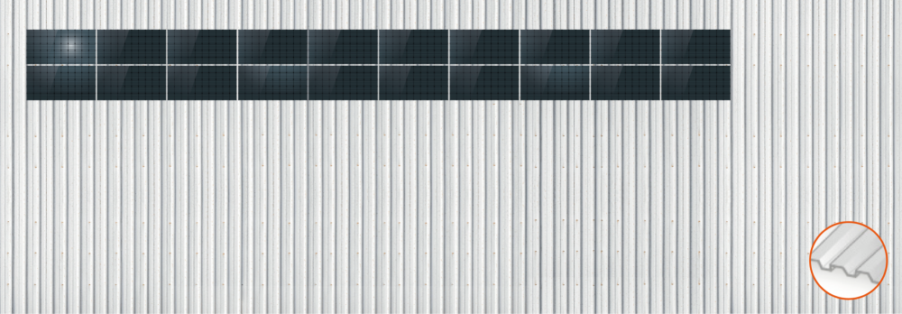 ClickFit EVO Staaldak trapezium-damwand met montageprofielen t.b.v. optimizers 2x10 landscape 2 rijen van 10 panelen