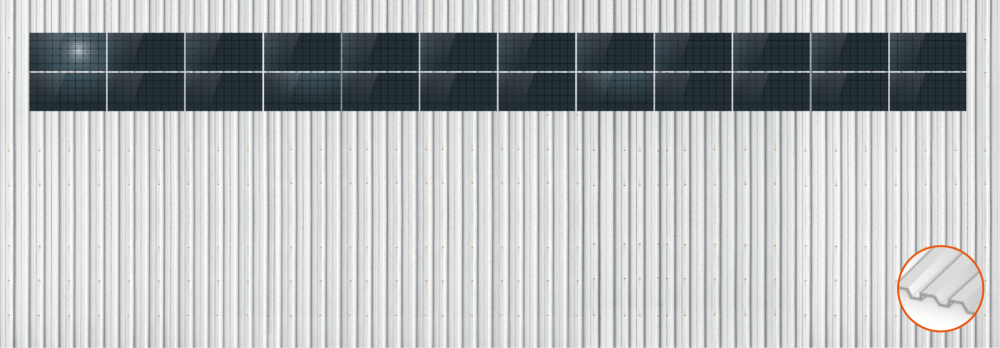 ClickFit EVO Staaldak golfplaat met montageprofielen 2x12 landscape. 2 rijen van 12 panelen