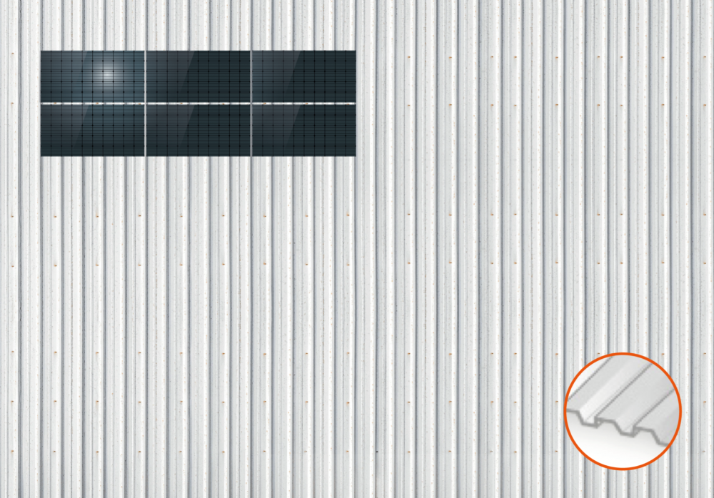 ClickFit EVO Staaldak trapezium-damwand met montageprofielen t.b.v. optimizers 2x3 landscape 2 rijen van 3 panelen
