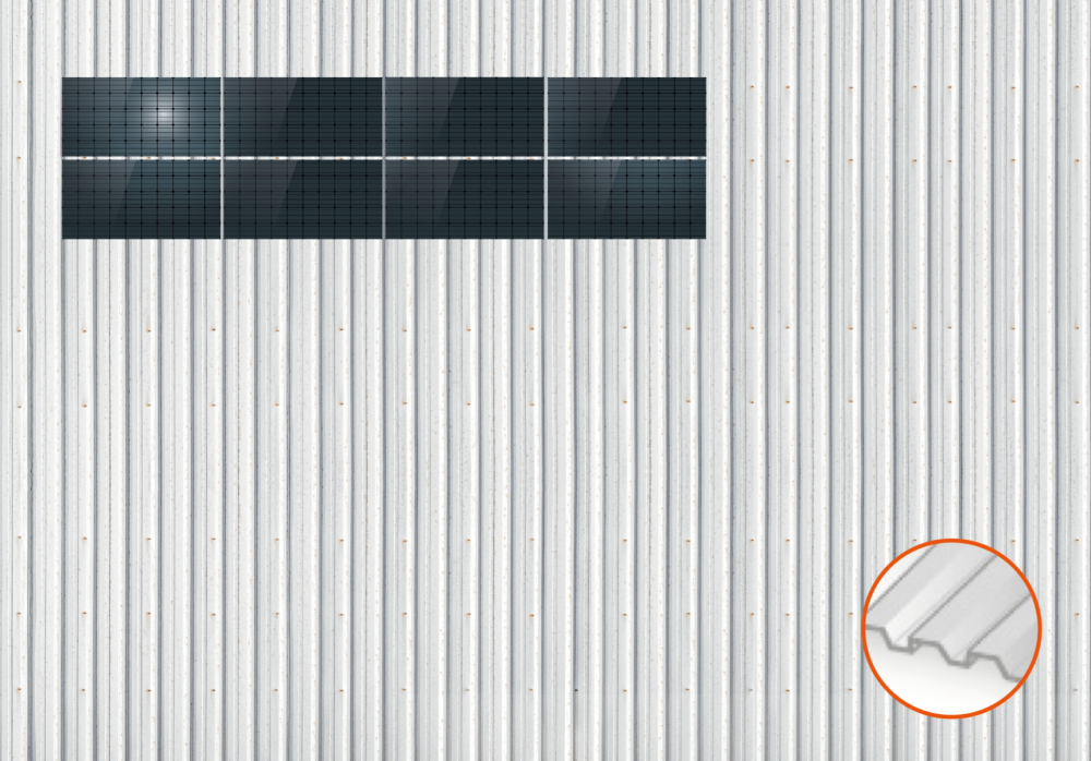 ClickFit EVO Staaldak trapezium-damwand met montageprofielen t.b.v. optimizers 2x4 landscape 2 rijen van 4 panelen