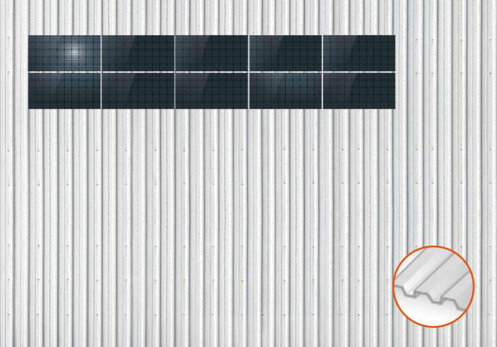 ClickFit EVO Staaldak golfplaat met montageprofielen 2x5 landscape. 2 rijen van 5 panelen