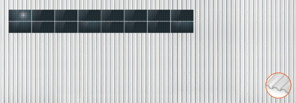 ClickFit EVO Staaldak golfplaat met montageprofielen 2x8 landscape. 2 rijen van 8 panelen