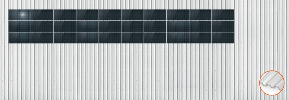 ClickFit EVO Staaldak trapezium-damwand met montageprofielen t.b.v. optimizers 3x10 landscape 3 rijen van 10 panelen