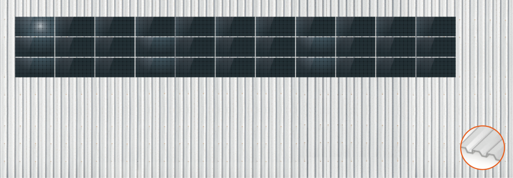 ClickFit EVO Staaldak golfplaat met montageprofielen 3x11 landscape. 3 rijen van 11 panelen