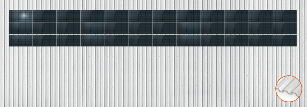 ClickFit EVO Staaldak golfplaat met montageprofielen 3x12 landscape. 3 rijen van 12 panelen