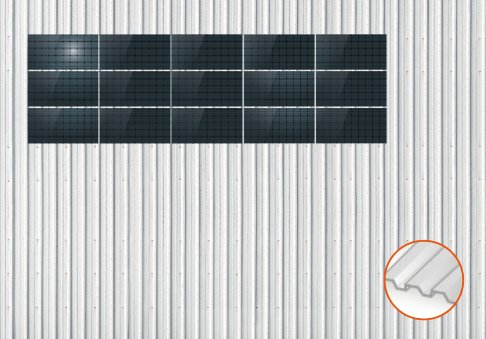 ClickFit EVO Staaldak golfplaat met montageprofielen 3x5 landscape. 3 rijen van 5 panelen