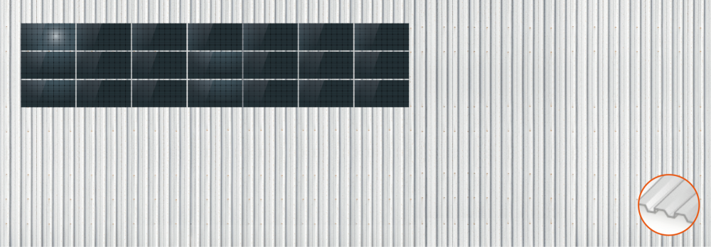 ClickFit EVO Staaldak trapezium-damwand met montageprofielen t.b.v. optimizers 3x7 landscape 3 rijen van 7 panelen