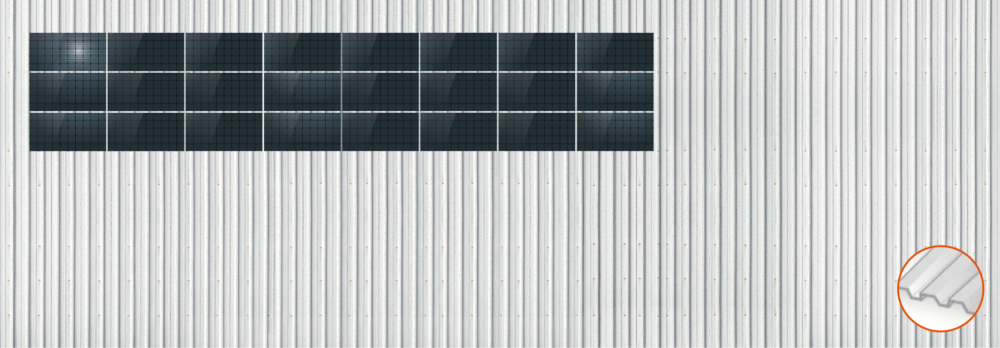 ClickFit EVO Staaldak trapezium-damwand met montageprofielen t.b.v. optimizers 3x8 landscape 3 rijen van 8 panelen