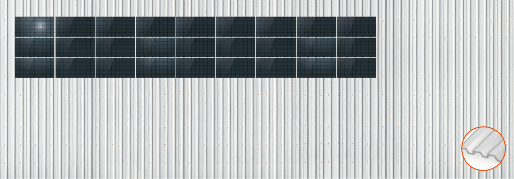 ClickFit EVO Staaldak golfplaat met montageprofielen 3x9 landscape. 3 rijen van 9 panelen
